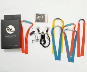 1 Silver Slingshot + 6 Rubbers+ Laser + Level + Aiming Fibres + 1 L Key