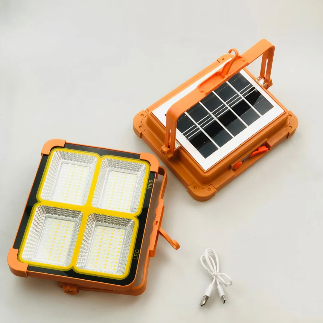 Yellow, portable solar-powered LED floodlight equipped with a built-in solar panel and an adjustable handle/stand