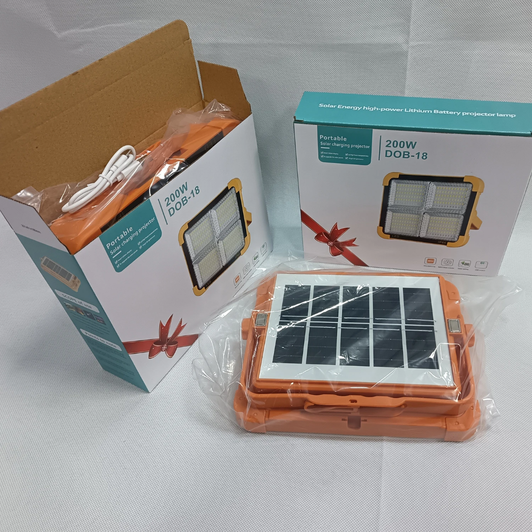 Yellow, portable solar-powered LED floodlight equipped with a built-in solar panel and an adjustable handle/stand - Image 2