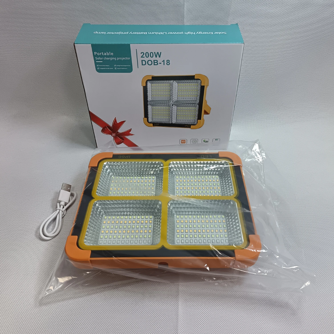 Yellow, portable solar-powered LED floodlight equipped with a built-in solar panel and an adjustable handle/stand - Image 3