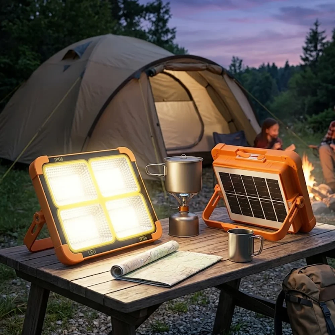 Yellow, portable solar-powered LED floodlight equipped with a built-in solar panel and an adjustable handle/stand - Image 4