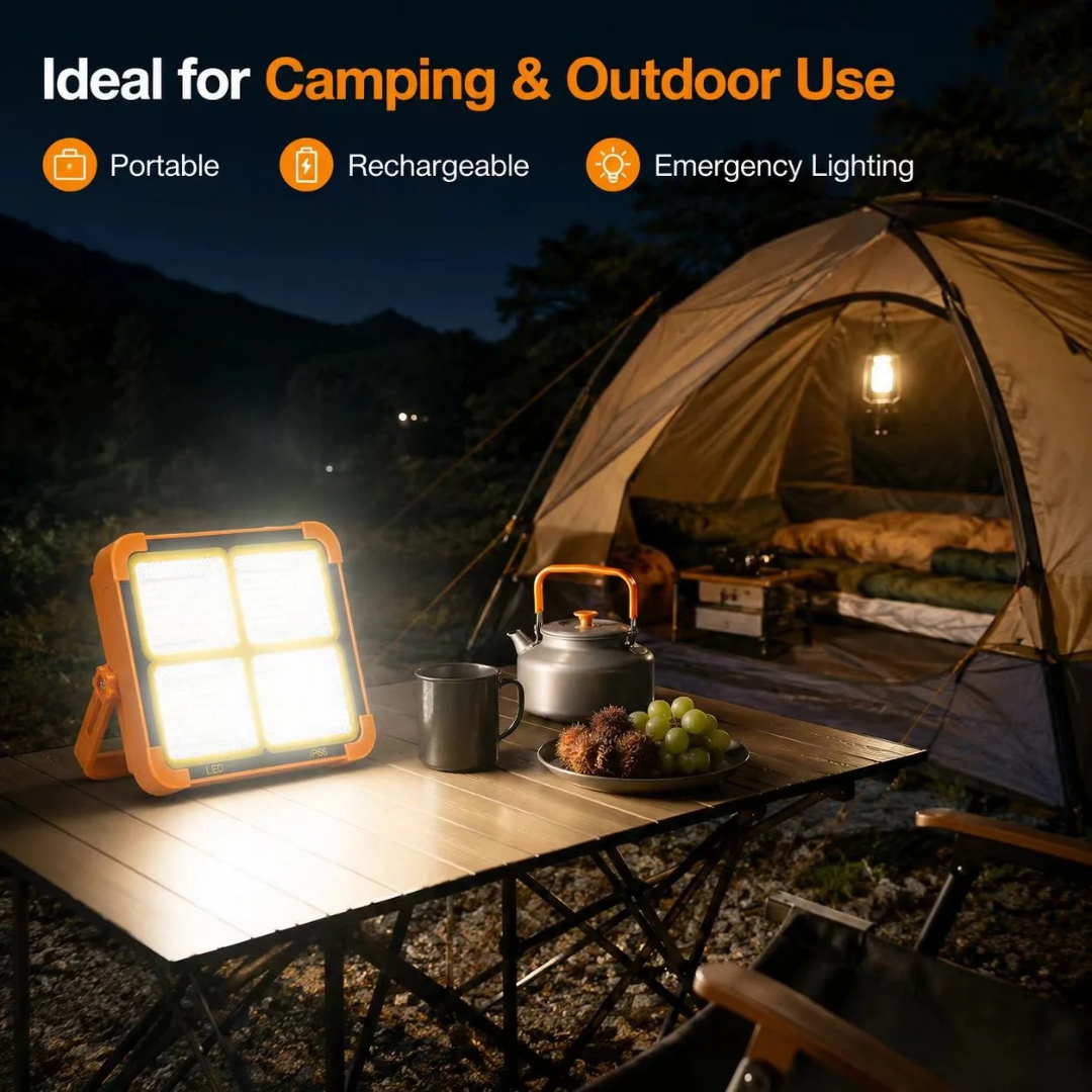 Yellow, portable solar-powered LED floodlight equipped with a built-in solar panel and an adjustable handle/stand - Image 6