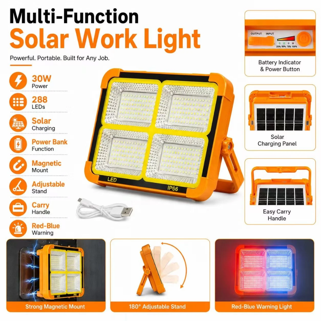 Yellow, portable solar-powered LED floodlight equipped with a built-in solar panel and an adjustable handle/stand - Image 7