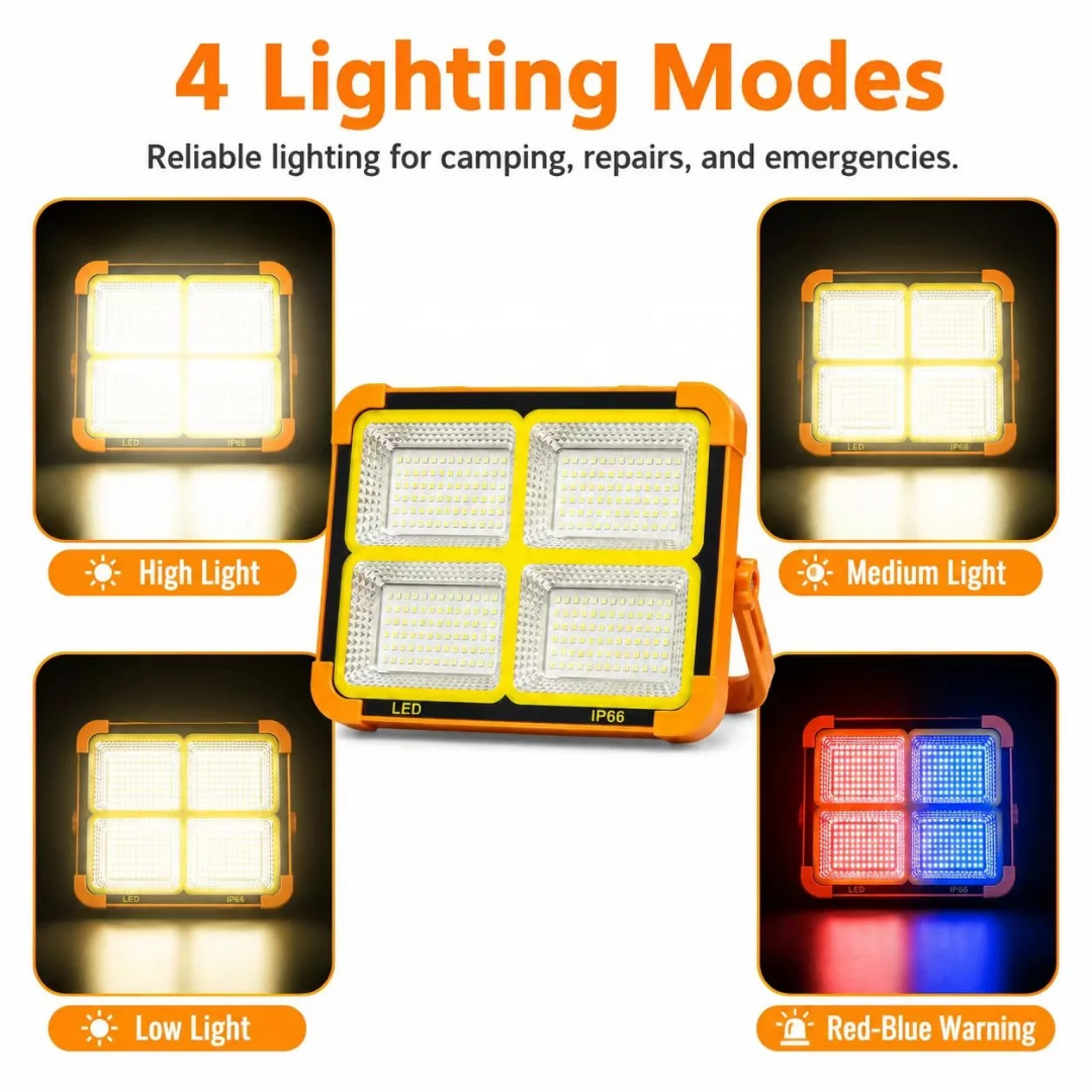 Yellow, portable solar-powered LED floodlight equipped with a built-in solar panel and an adjustable handle/stand - Image 8