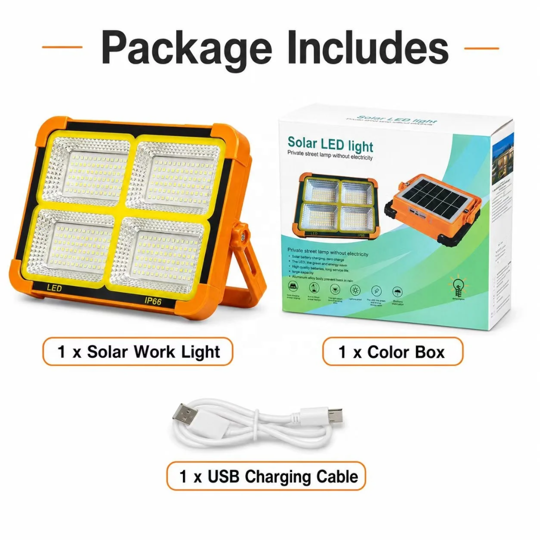 Yellow, portable solar-powered LED floodlight equipped with a built-in solar panel and an adjustable handle/stand - Image 9