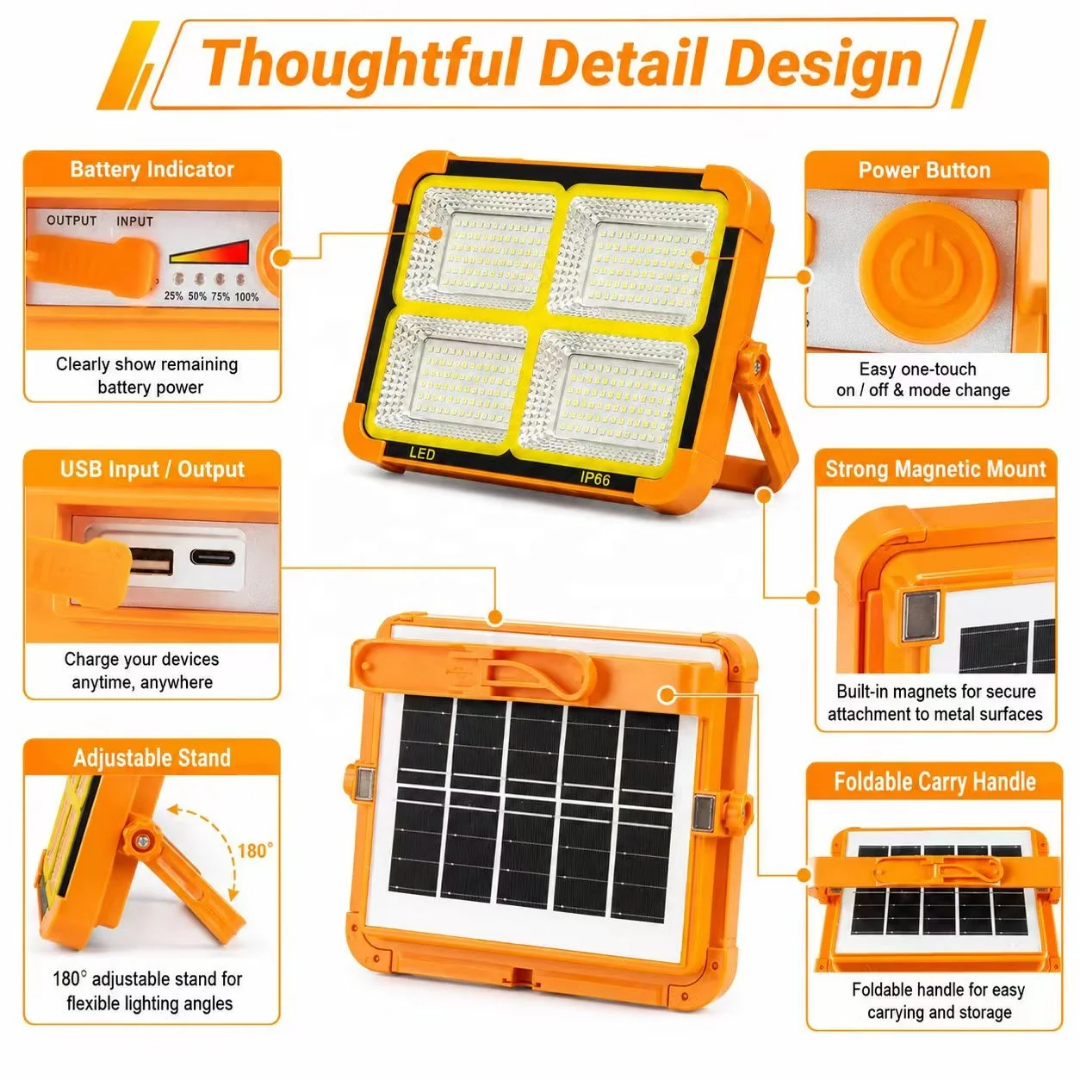 Yellow, portable solar-powered LED floodlight equipped with a built-in solar panel and an adjustable handle/stand - Image 10