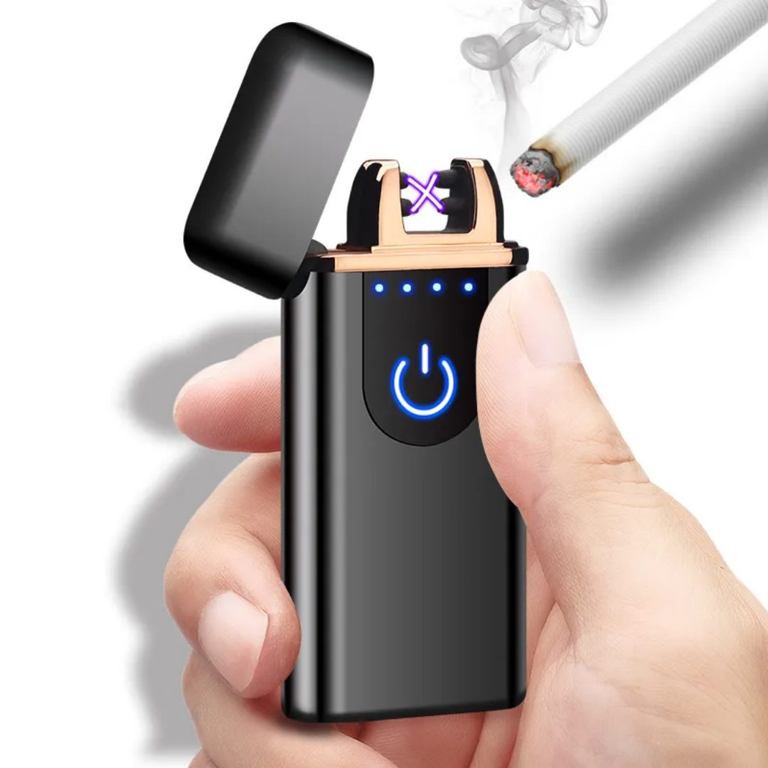 USB-rechargeable dual-arc electric plasma lighter featuring a touch-sensitive power button and an LED battery level indicator
