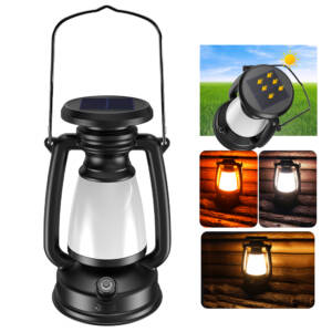 Vintage-style, rechargeable LED solar camping lantern with a dimmable light and a classic kerosene-lamp look.
